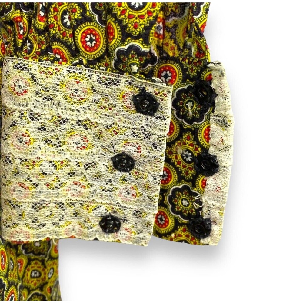 Vintage 60s Handmade Mandala Print Maxi Dress Long Sleeve Gown Lace Trim Hippie - Picture 9 of 9